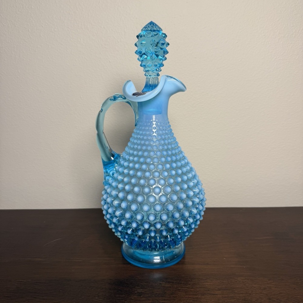 Fenton Hobnail Blue Opalescent Handled Decanter with Stopper